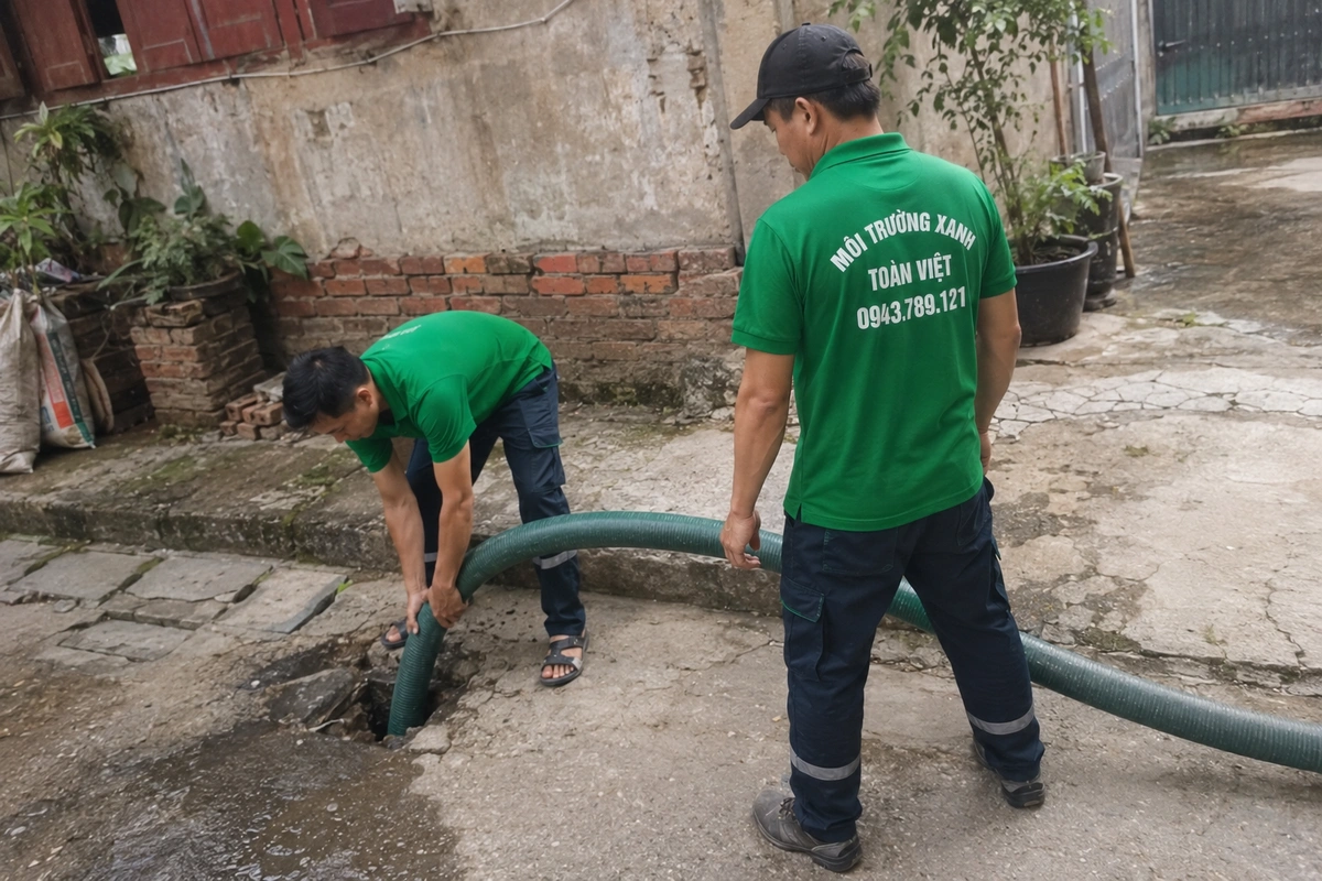 Nhân viên thao tác tại miệng hầm cầu đã mở nắp