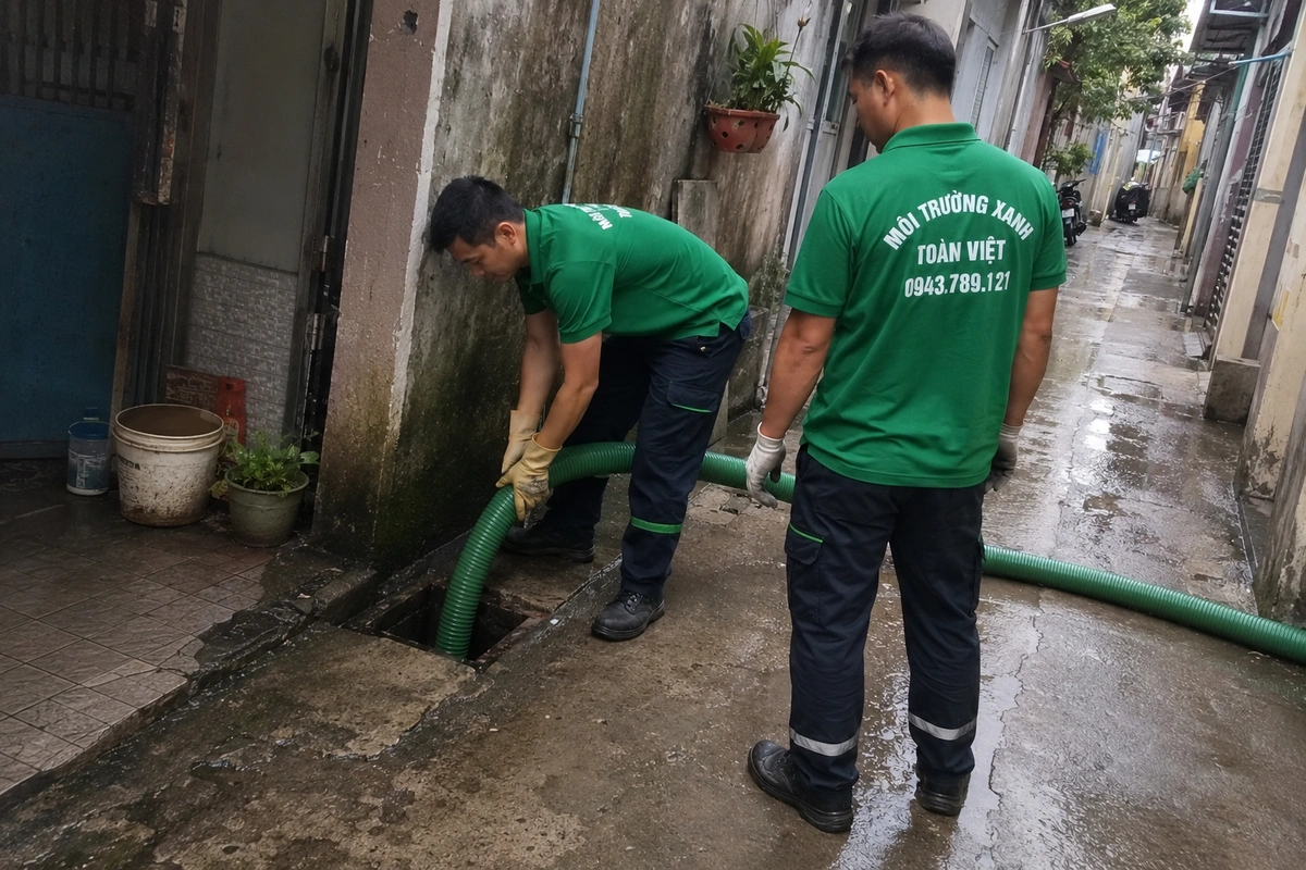 Hút Hầm Cầu Sơn Hà 24/7, Báo Giá Theo Khối | Vùng Cao Quảng Ngãi 10 Nhân viên kiểm tra miệng hầm cầu trong lúc hút