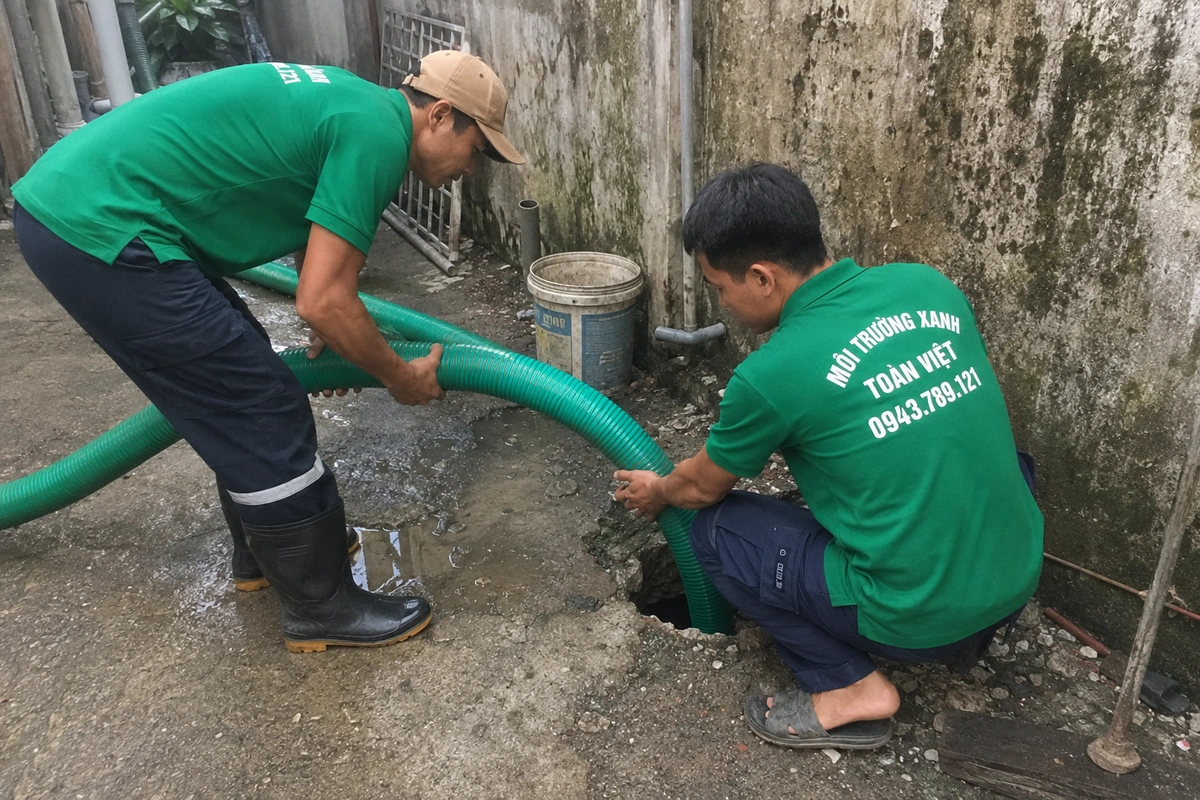Nhân viên kiểm tra miệng hầm cầu trong lúc hút
