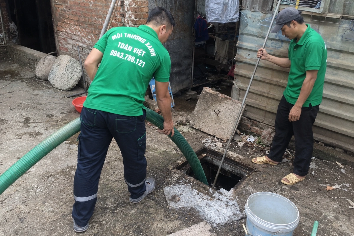 Nhân viên kiểm tra miệng hầm cầu trong lúc hút
