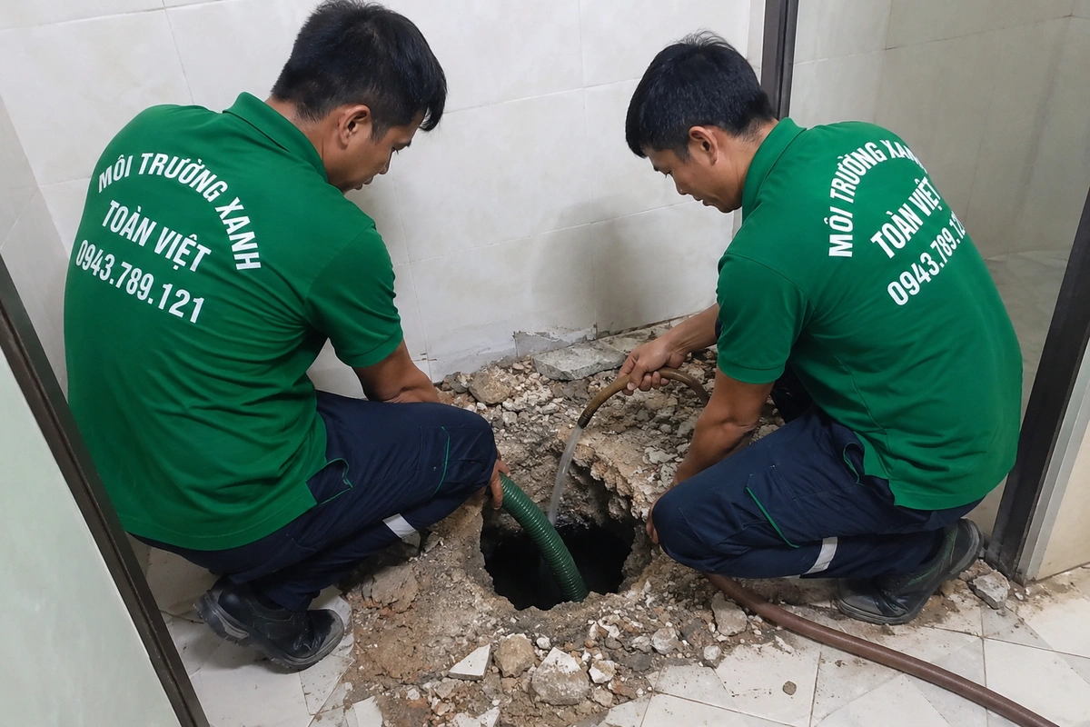 Hai nhân viên thao tác tại miệng hầm cầu đã mở nắp