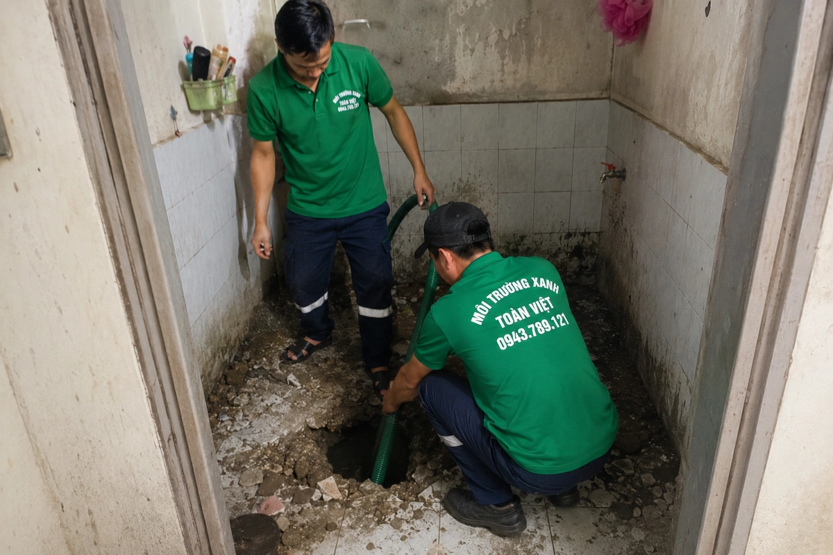 Hai nhân viên thao tác tại miệng hầm cầu đã mở nắp