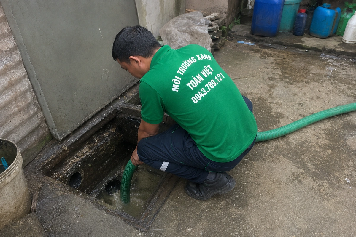 Hai nhân viên thao tác tại miệng hầm cầu đã mở nắp