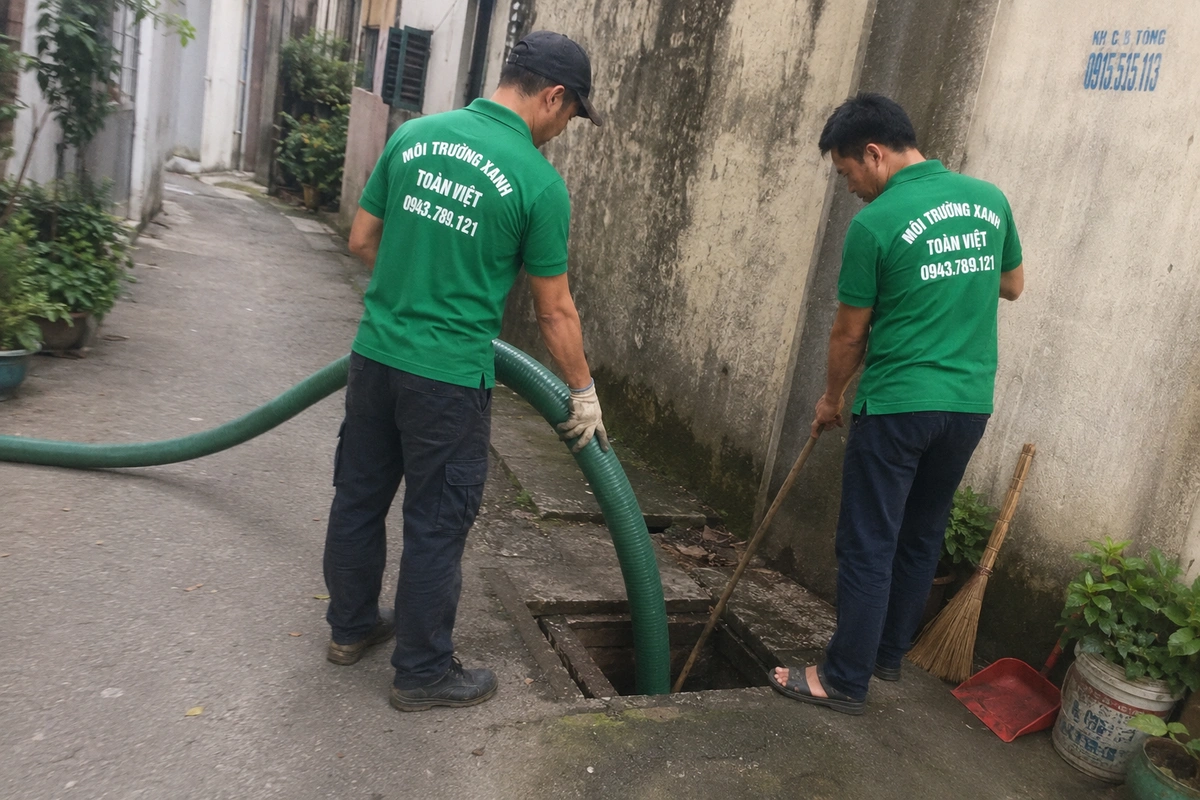 Hai nhân viên thao tác tại miệng hầm cầu đã mở nắp
