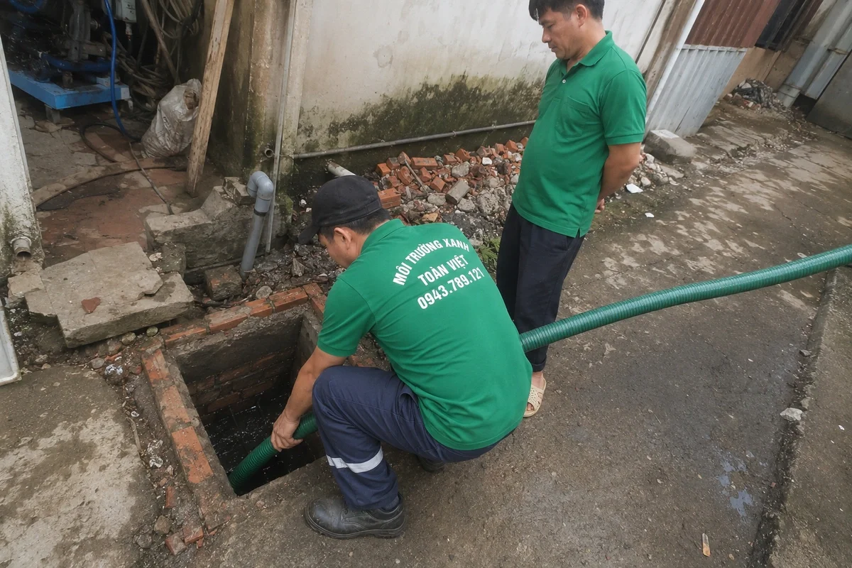 Hai nhân viên thao tác tại miệng hầm cầu đã mở nắp