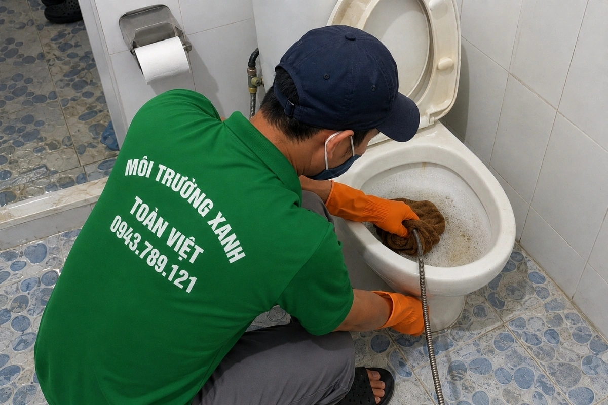 Kỹ thuật viên xử lý điểm tắc trong lòng bồn cầu