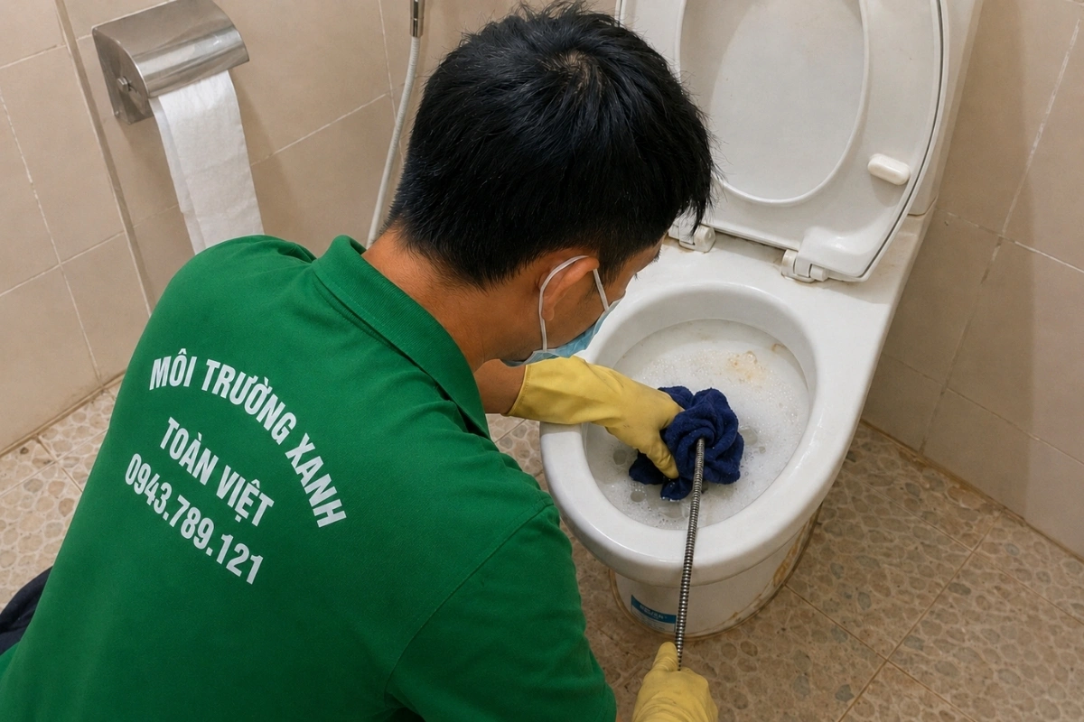 Thông Bồn Cầu Phú Vang 24/7, Thợ Nhanh | Xanh Toàn Việt 10 Kỹ thuật viên đưa dây lò xo vào bồn cầu để phá điểm tắc