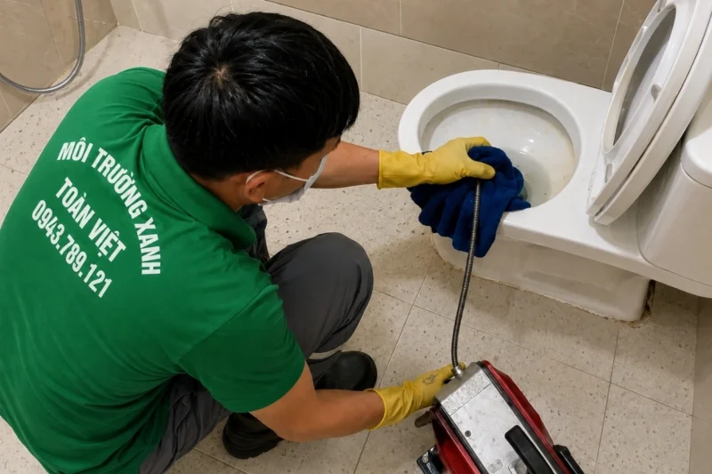 Nh&acirc;n vi&ecirc;n giữ d&acirc;y m&aacute;y tại bồn trong hướng dẫn th&ocirc;ng bồn cầu Hội An