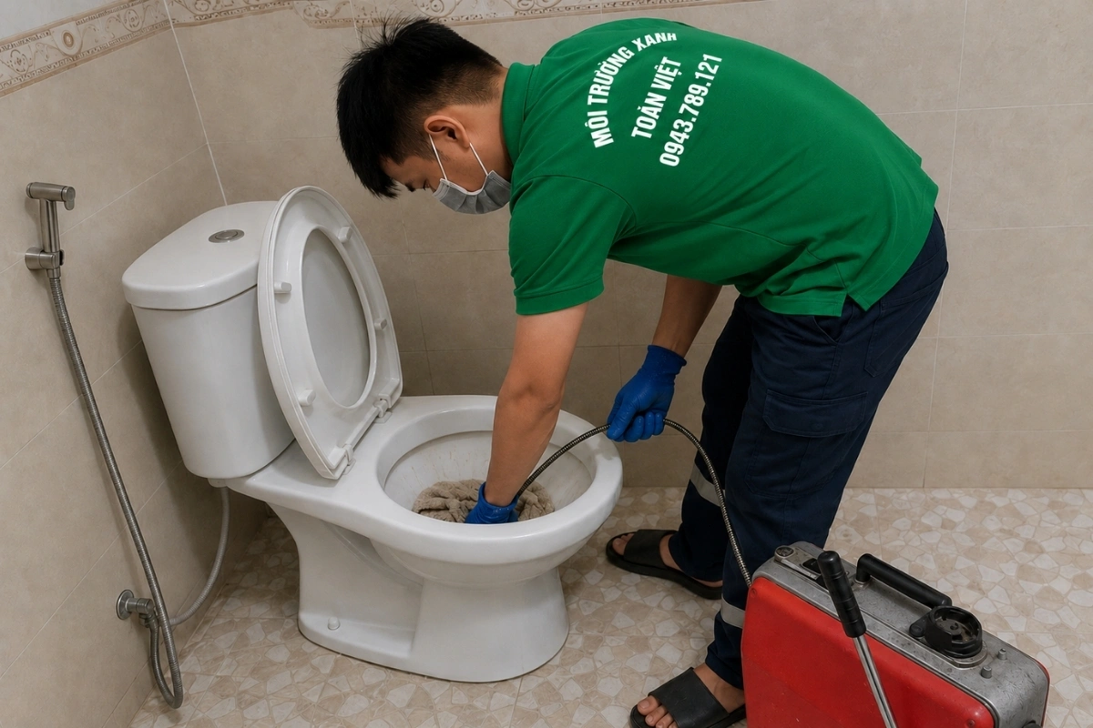 Thông Bồn Cầu Đắk Nông 24/7 | Kiểm Tra Xả Yếu, Trào Ngược 20 Kỹ thuật viên đưa dây lò xo vào bồn cầu để phá điểm tắc