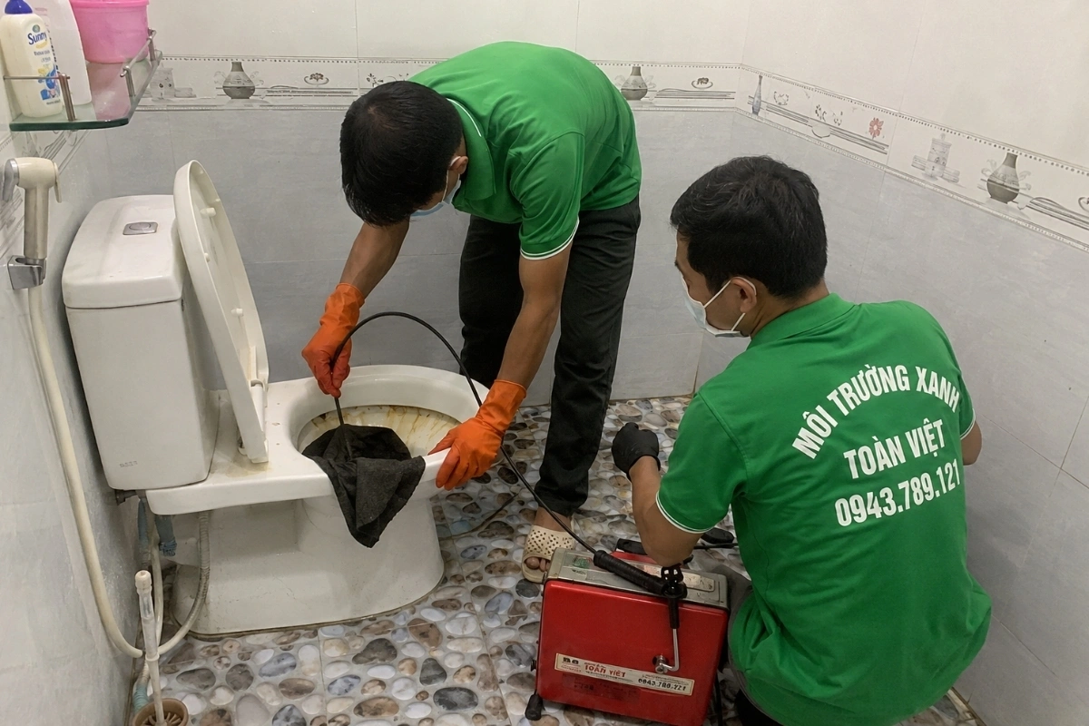 Thông Bồn Cầu Quế Phong 24/7 | Kiểm Tra Xả Yếu, Trào Ngược 15 Kỹ thuật viên đưa dây lò xo vào bồn cầu để phá điểm tắc