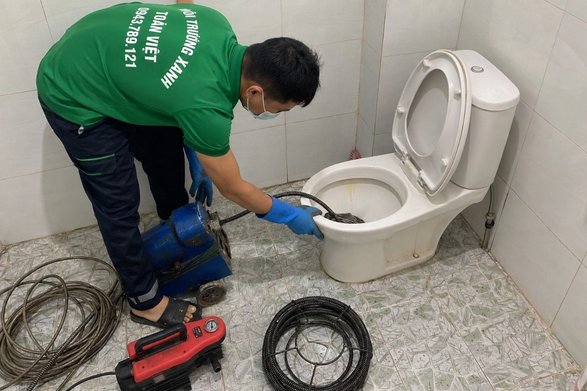 Kỹ thuật viên đưa dây lò xo vào bồn cầu để phá điểm tắc