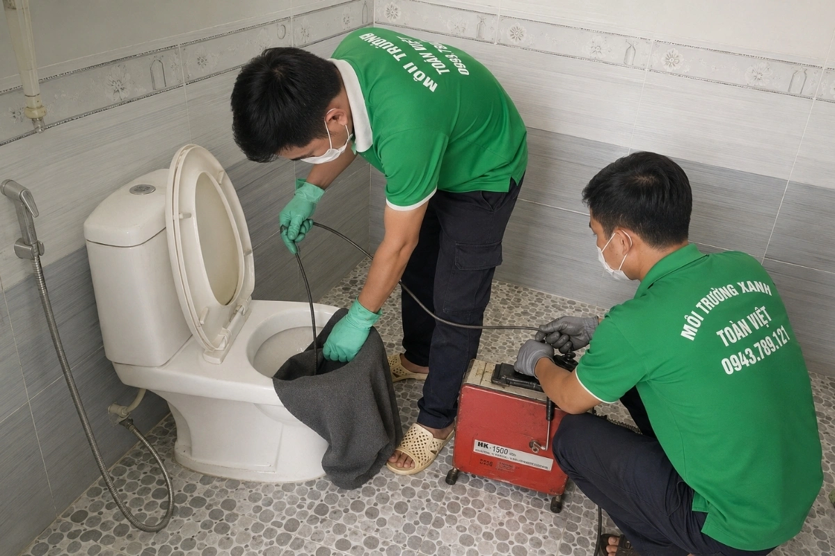 Kỹ thuật viên thao tác xử lý bồn cầu trong nhà vệ sinh