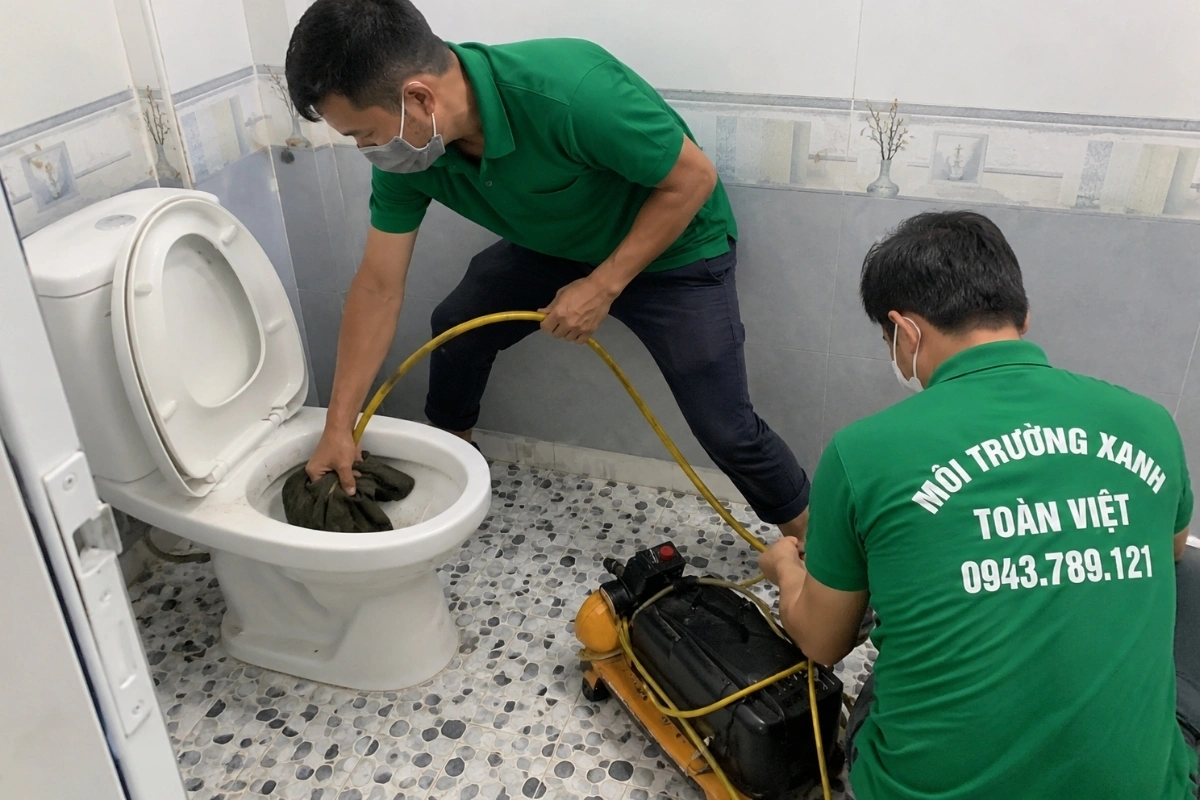 Kỹ thuật viên xử lý bồn cầu bị nghẹt bằng máy lò xo