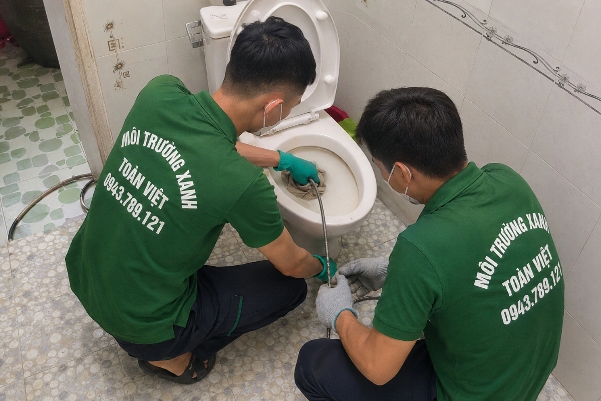 Kỹ thuật viên đưa dây lò xo vào bồn cầu để phá điểm tắc
