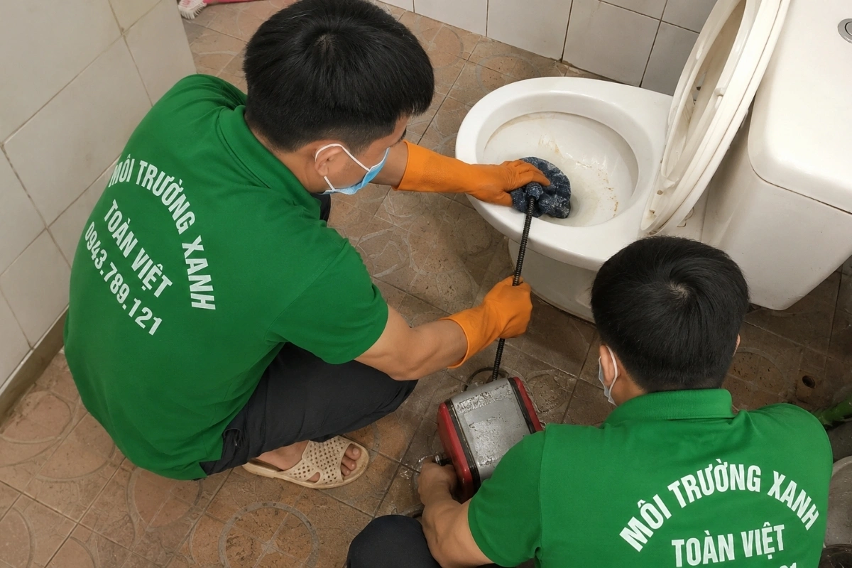 Kỹ thuật viên thao tác xử lý bồn cầu trong nhà vệ sinh