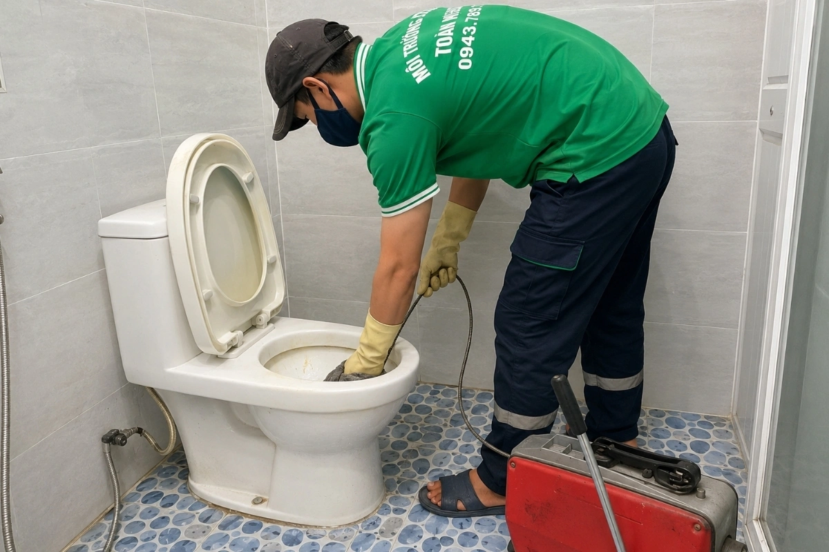 Kỹ thuật viên kiểm tra bồn cầu thoát nước chậm