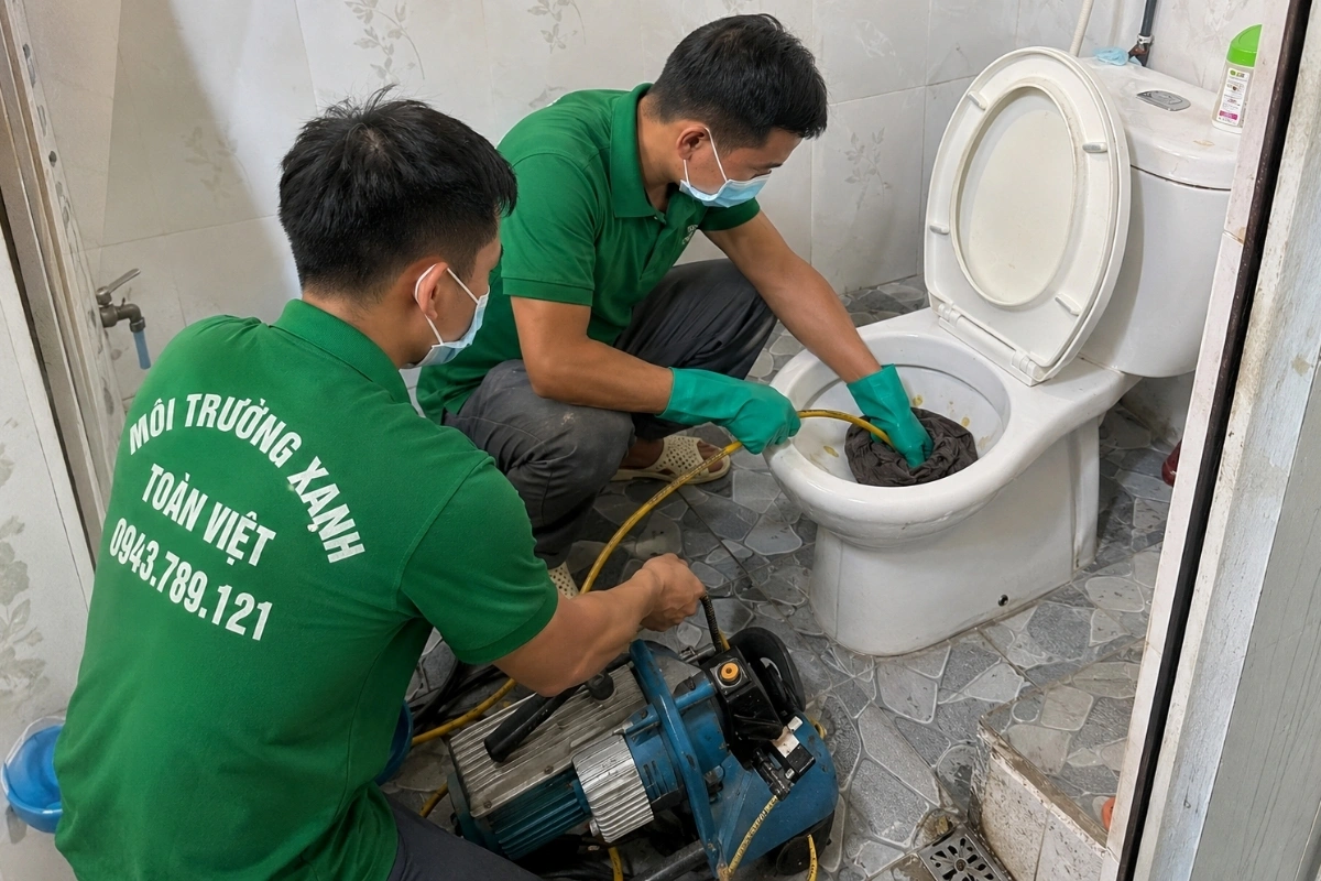 Kỹ thuật viên xử lý bồn cầu bị nghẹt bằng máy lò xo