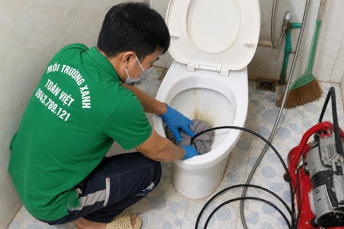 Kỹ thuật viên thao tác xử lý bồn cầu trong nhà vệ sinh