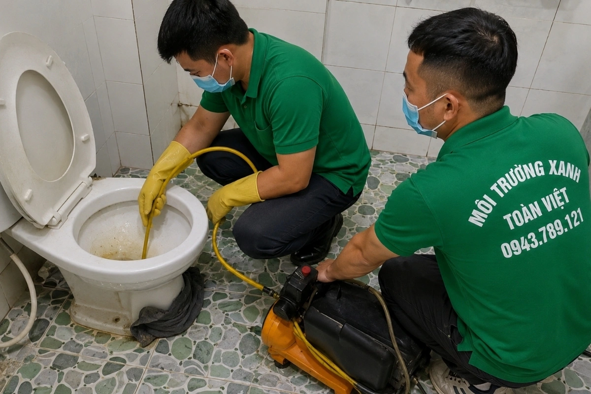 Kỹ thuật viên kiểm tra bồn cầu thoát nước chậm