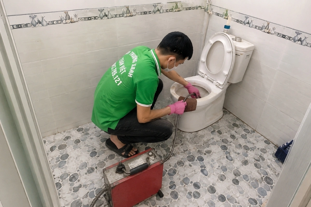 Kỹ thuật viên xử lý bồn cầu bị nghẹt bằng máy lò xo