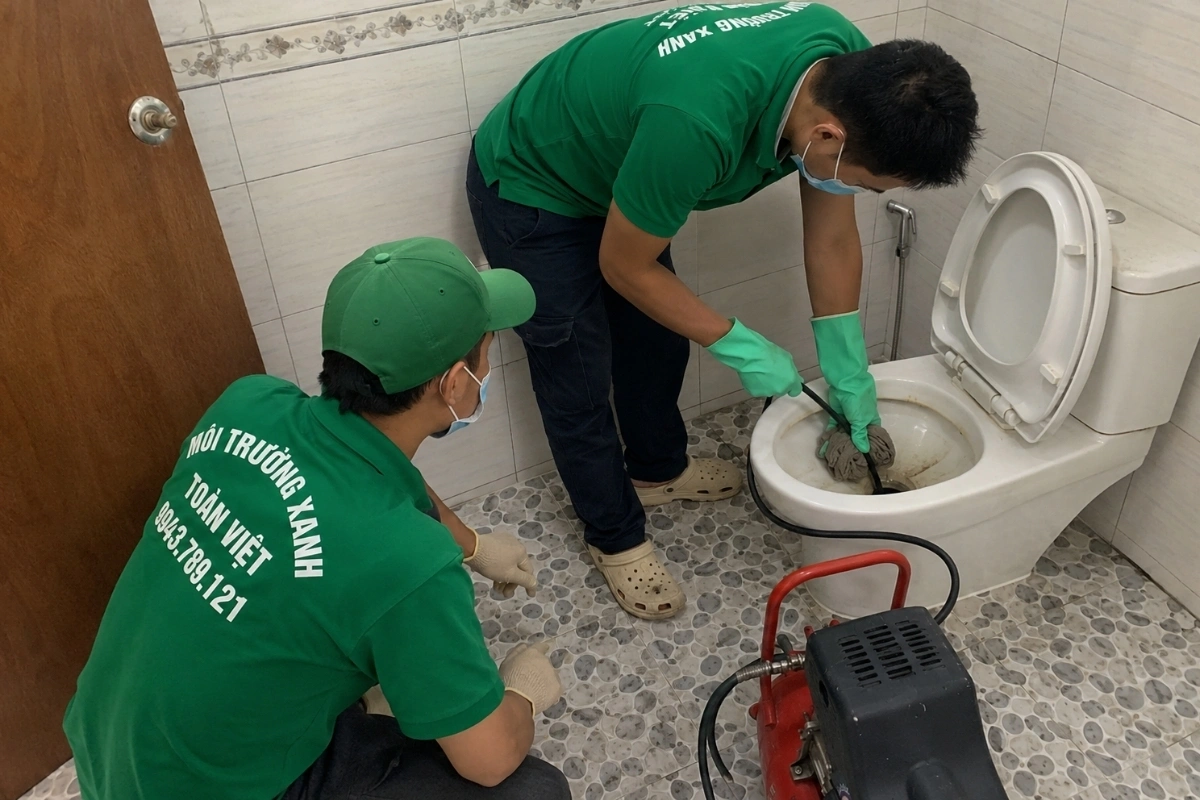 Kỹ thuật viên đưa dây lò xo vào bồn cầu để phá điểm tắc