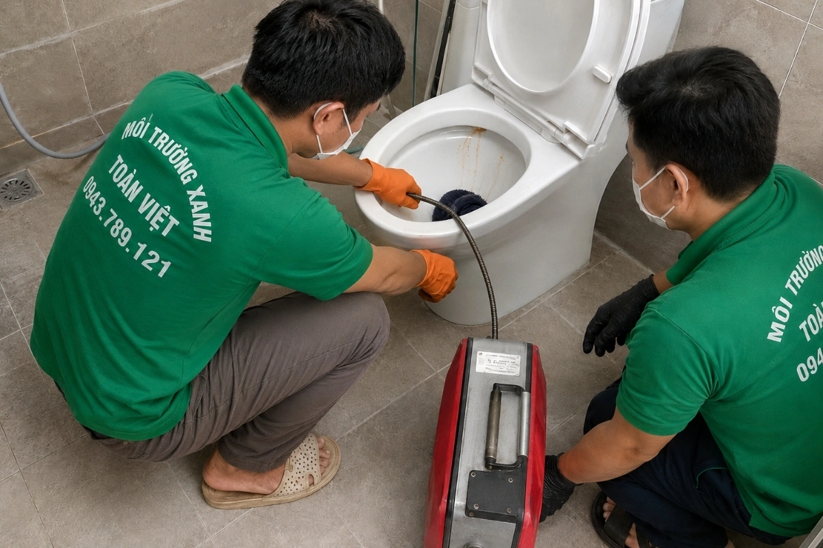 Kỹ thuật viên đưa dây lò xo vào bồn cầu để phá điểm tắc