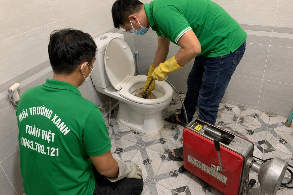 Kỹ thuật viên thao tác xử lý bồn cầu trong nhà vệ sinh
