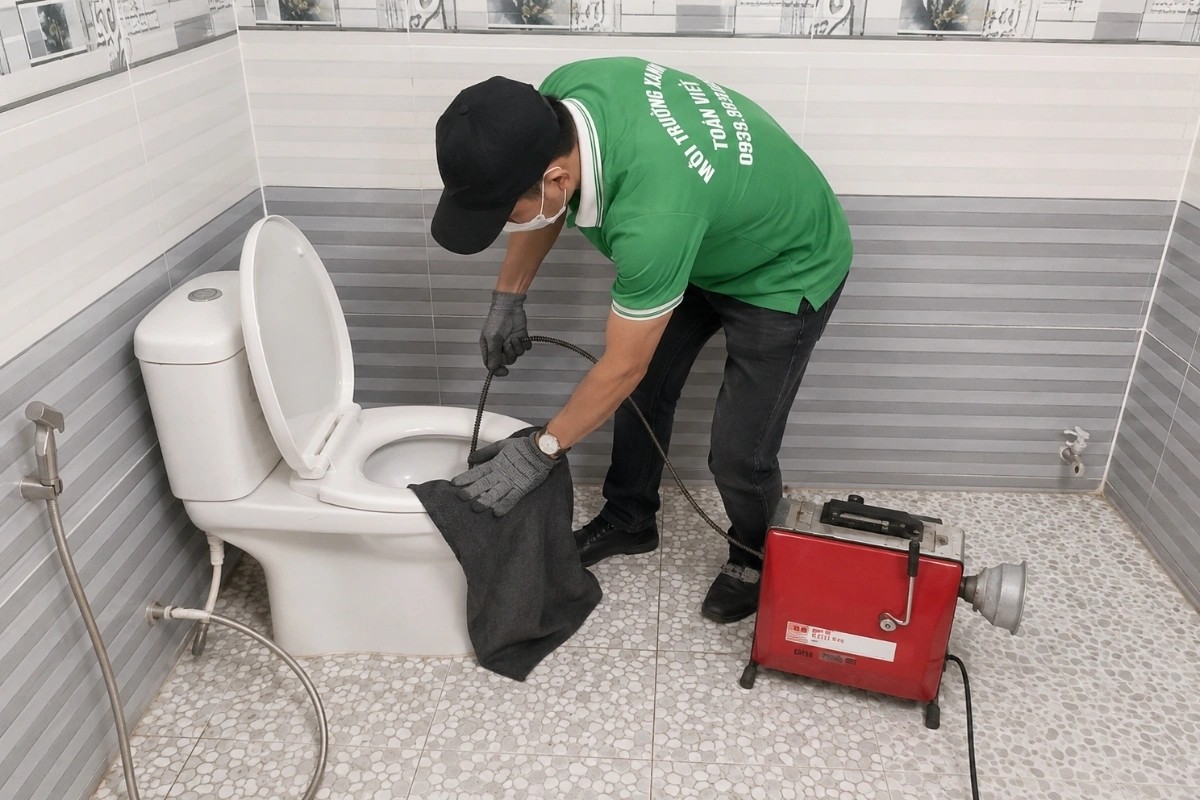 Kỹ thuật viên kiểm tra bồn cầu thoát nước chậm