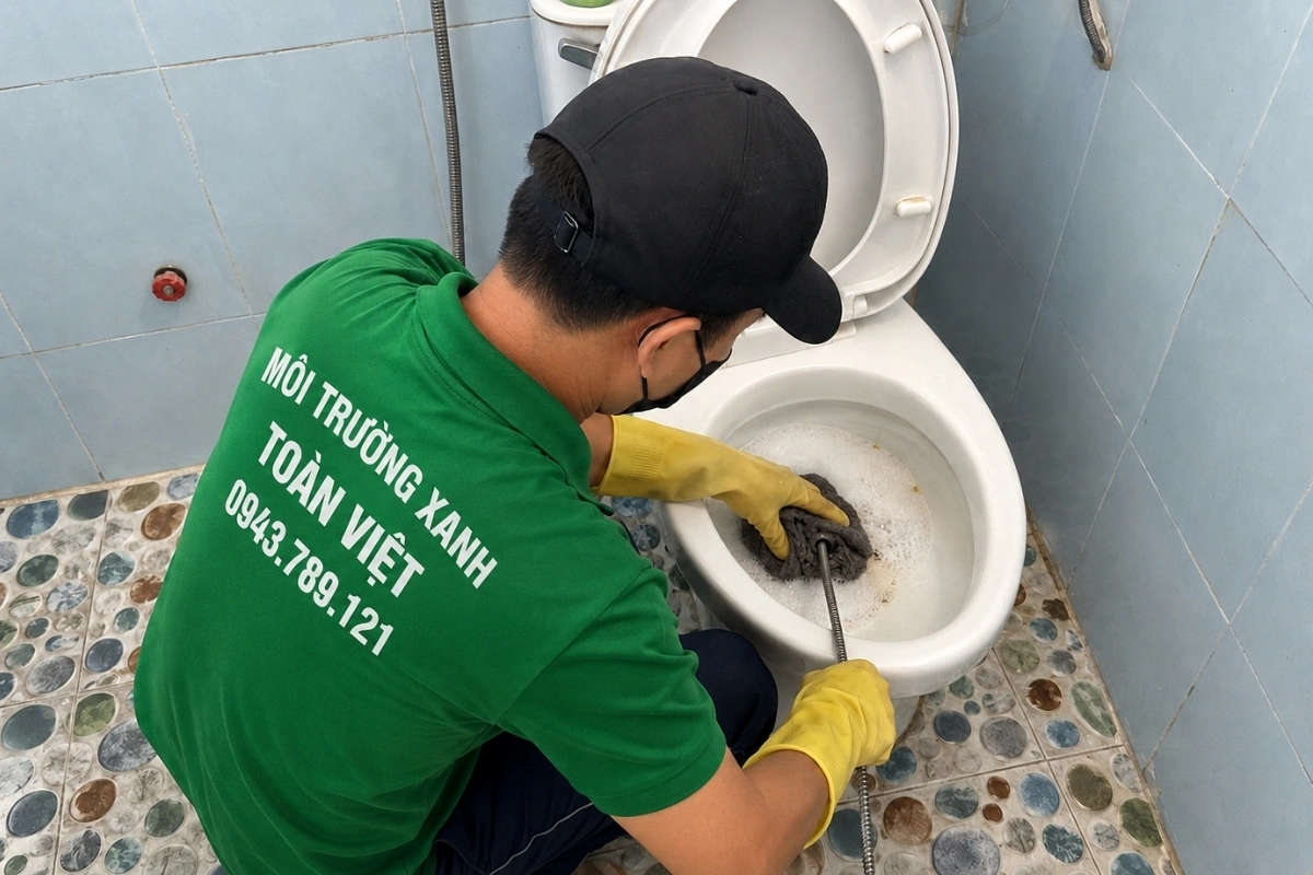 Kỹ thuật viên kiểm tra bồn cầu thoát nước chậm