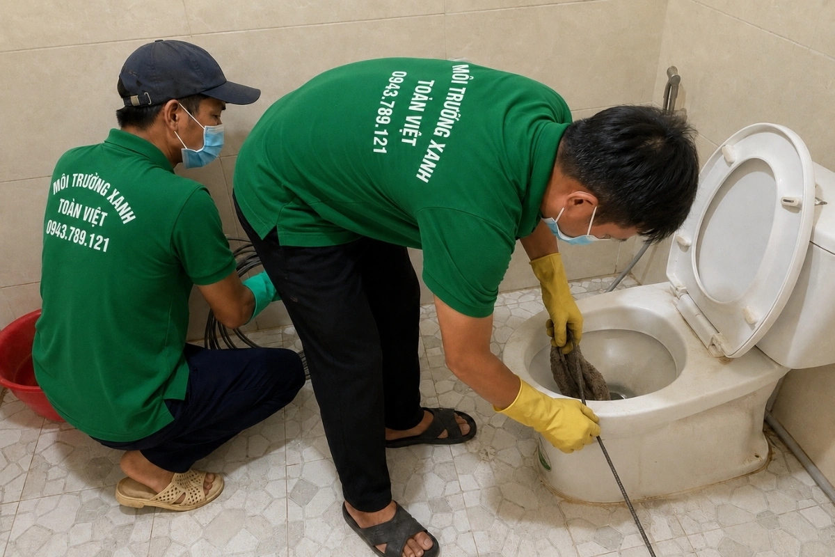 Thông Bồn Cầu Ninh Hải 24/7 - Thợ Quanh Đầm Nại Tới Nhanh 14 Kỹ thuật viên đưa dây lò xo vào bồn cầu để phá điểm tắc