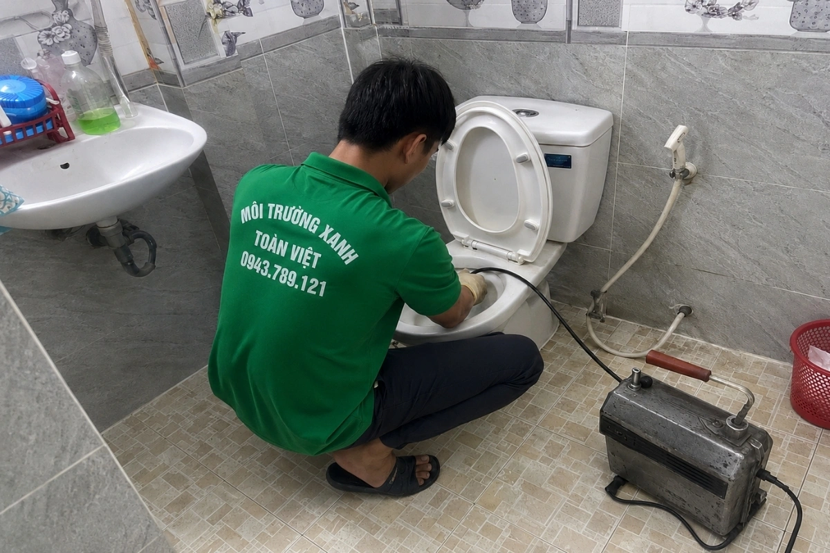 Kỹ thuật viên thao tác xử lý bồn cầu trong nhà vệ sinh