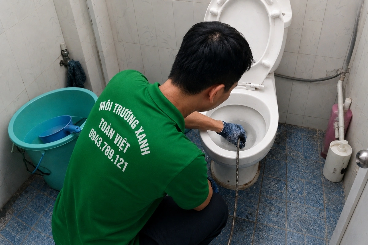 Kỹ thuật viên thao tác xử lý bồn cầu trong nhà vệ sinh