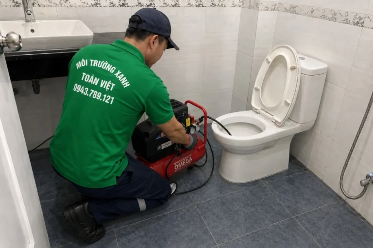 Nhân viên cầm dây lò xo trong hướng dẫn thông bồn cầu Nghệ An