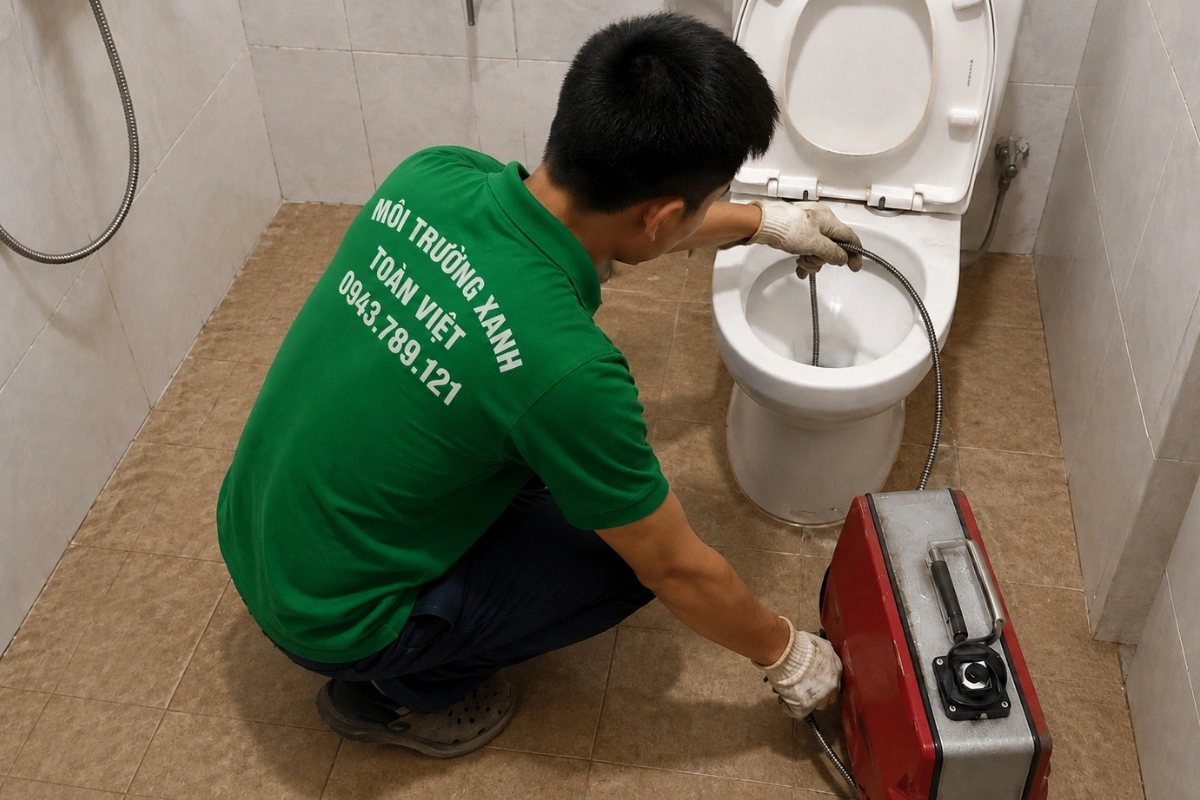 Kỹ thuật viên xử lý bồn cầu bị nghẹt bằng máy lò xo