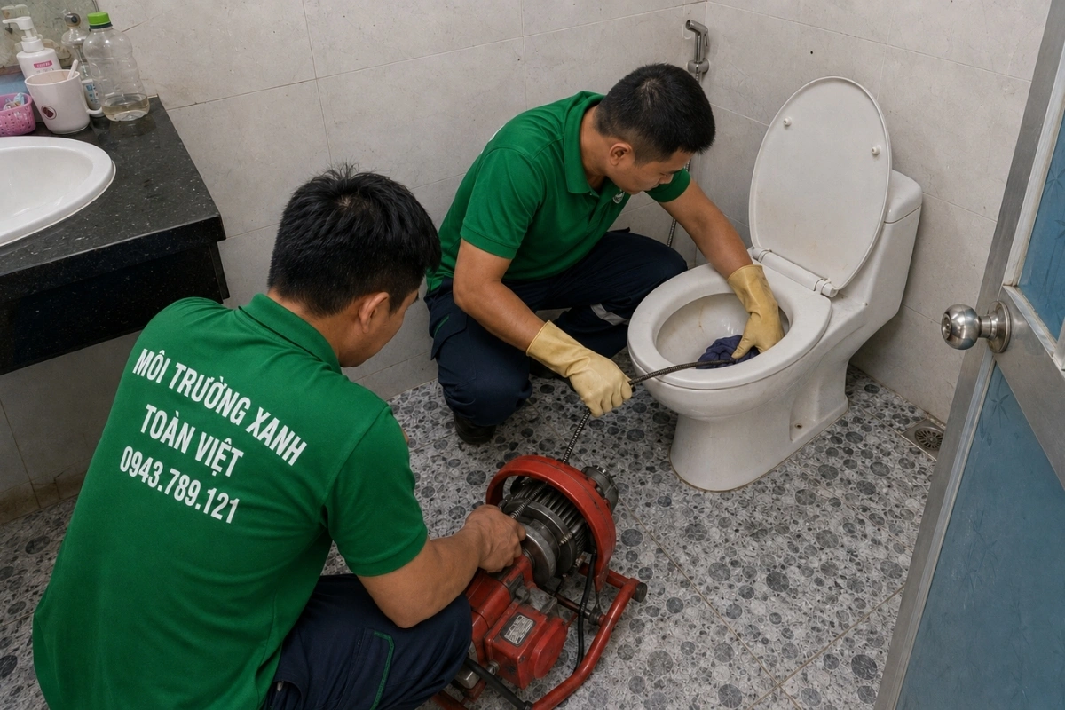 Kỹ thuật viên xử lý điểm tắc trong lòng bồn cầu