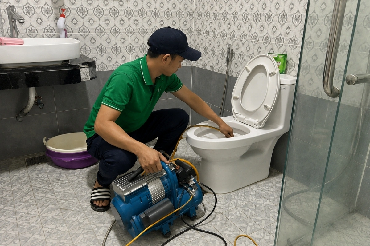 Thông Bồn Cầu Phú Vang 24/7, Thợ Nhanh | Xanh Toàn Việt 15 Kỹ thuật viên dùng máy lò xo xử lý điểm tắc trong bồn cầu