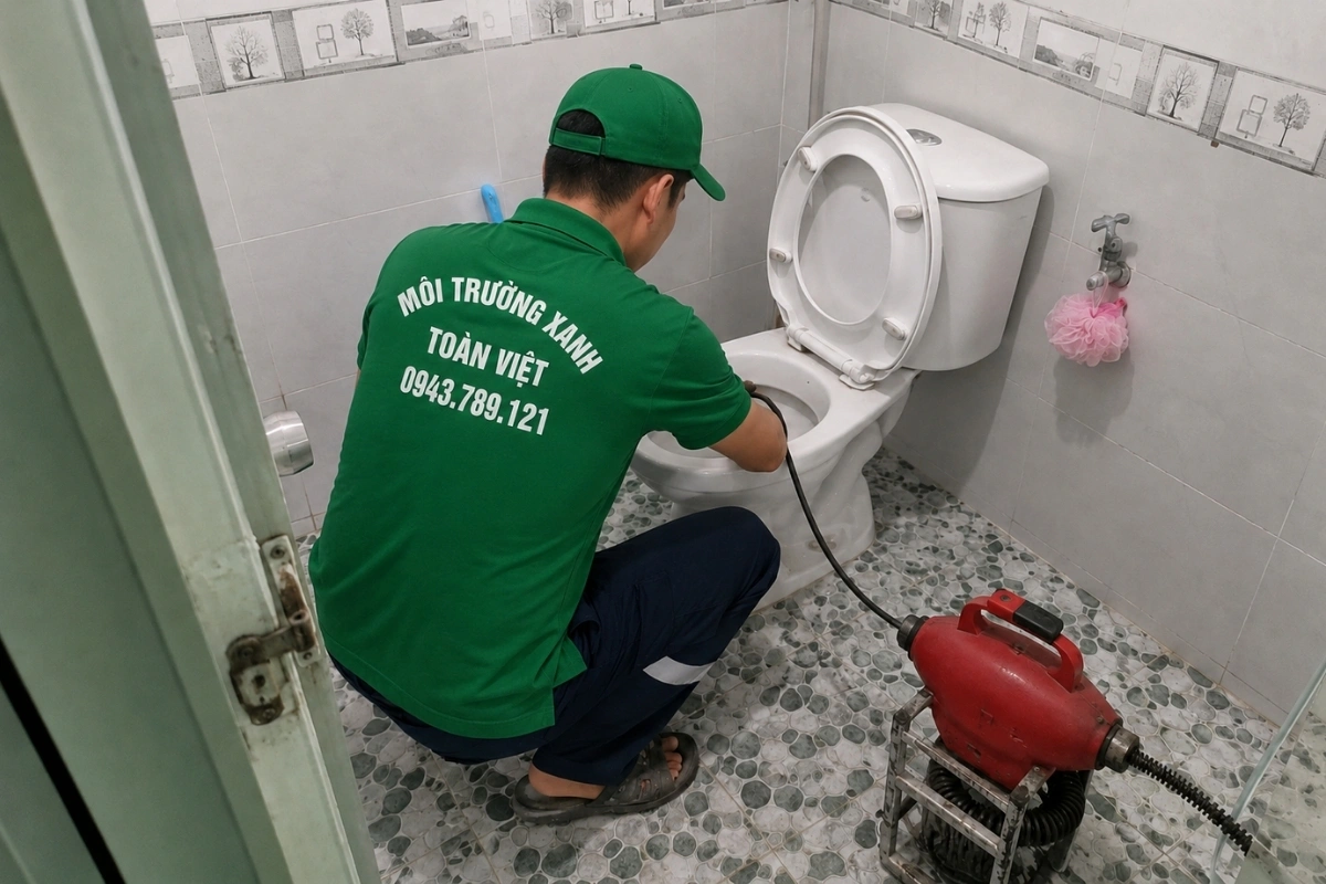 Kỹ thuật viên thao tác xử lý bồn cầu trong nhà vệ sinh