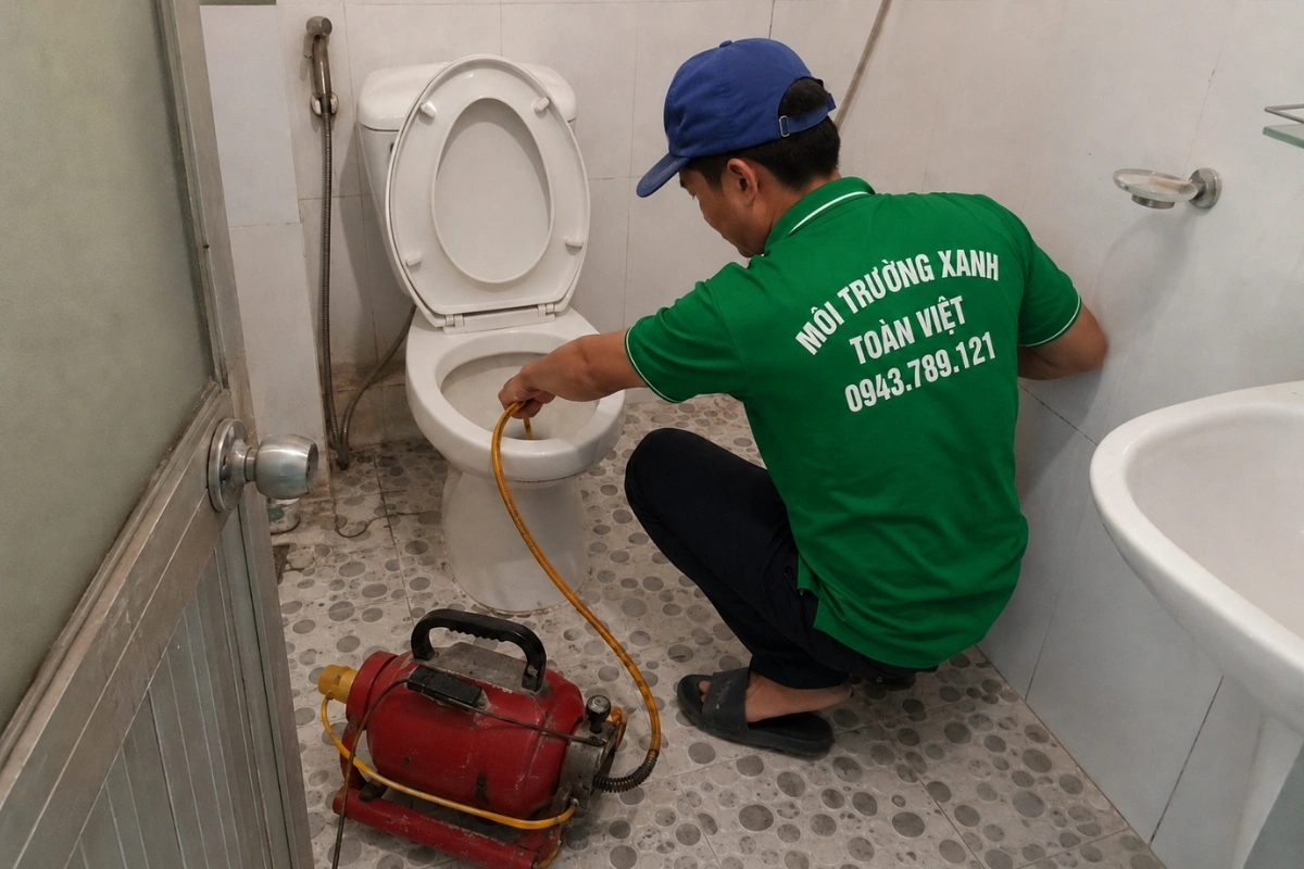 Thông Bồn Cầu Buôn Hồ 24/7 | Kiểm Tra Xả Yếu, Trào Ngược 11 Kỹ thuật viên thao tác xử lý bồn cầu trong nhà vệ sinh