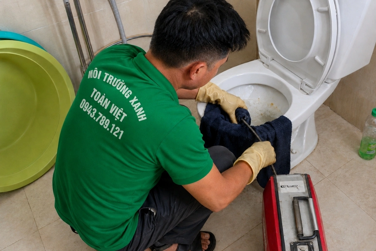 Thông Bồn Cầu Quế Phong 24/7 | Kiểm Tra Xả Yếu, Trào Ngược 11 Kỹ thuật viên đưa dây lò xo vào bồn cầu để phá điểm tắc