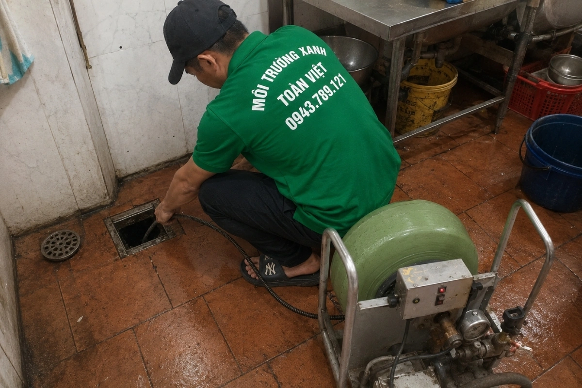 Nhân viên thông cống thoát nước khu bếp