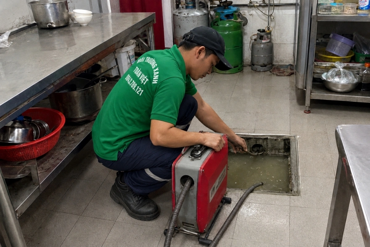 Nhân viên thông cống thoát nước khu bếp
