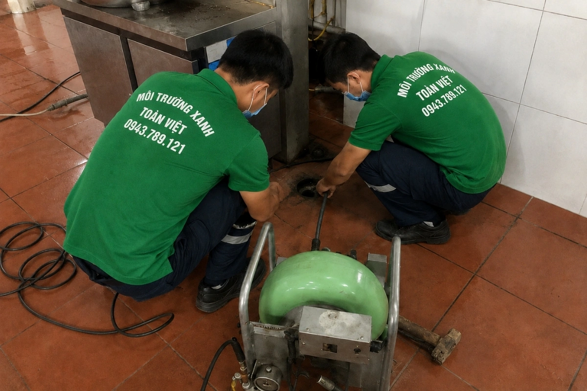 Nhân viên thông cống thoát nước khu bếp