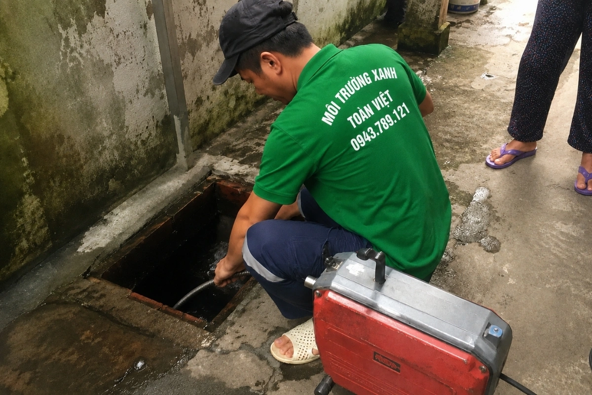 Nhân viên xử lý cống nghẹt tại hố ga