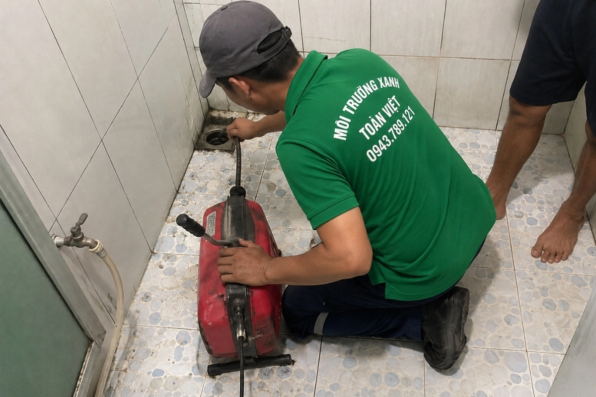 Nhân viên thông cống thoát sàn nhà vệ sinh
