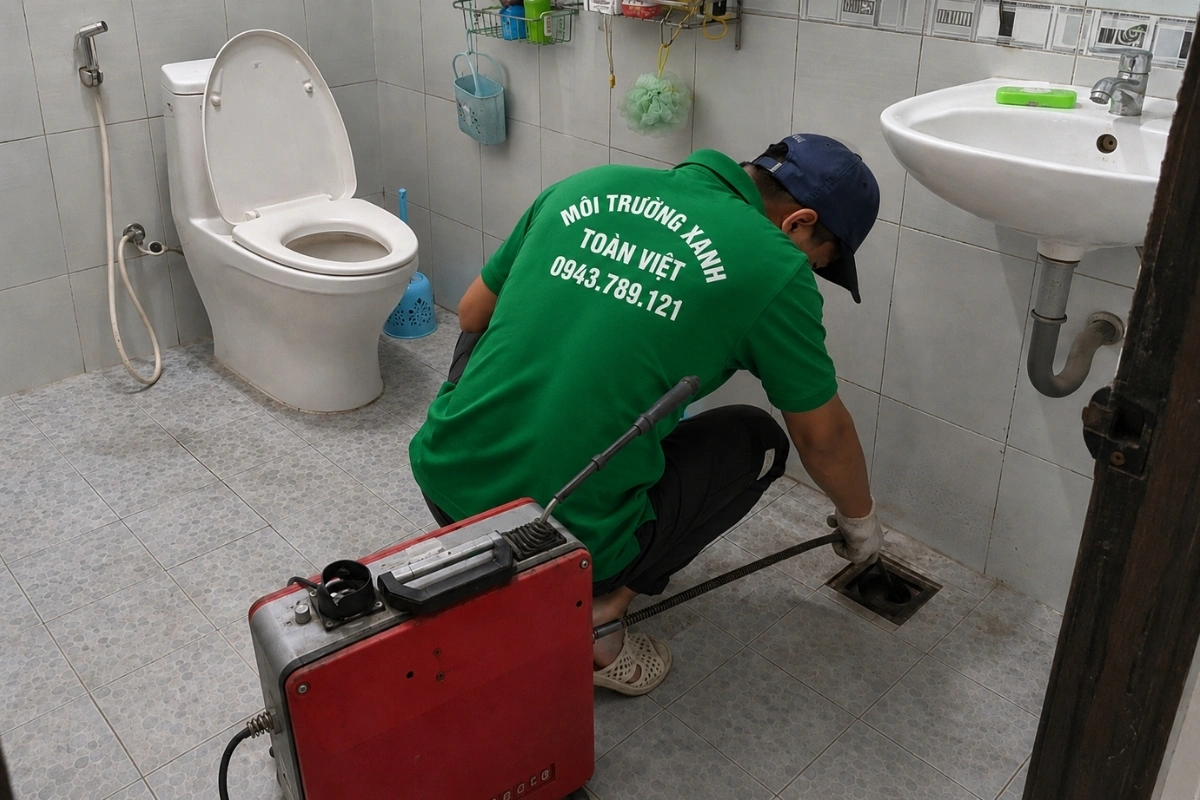 Nhân viên thông cống thoát sàn nhà vệ sinh