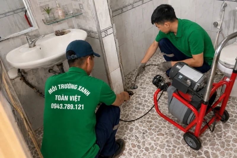 Thông cống nghẹt Diên Khánh: hai nhân viên cùng máy lò xo trong phòng vệ sinh