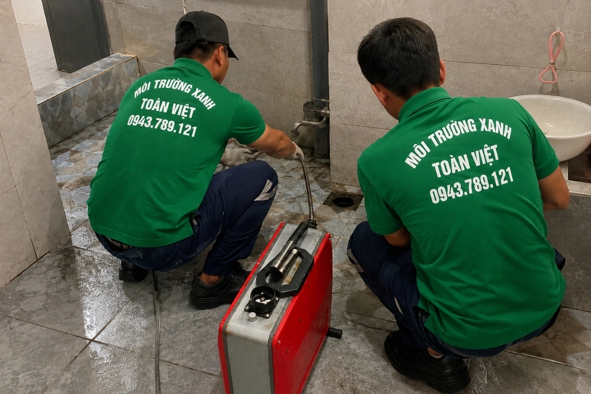 Nhân viên thông cống thoát sàn nhà vệ sinh