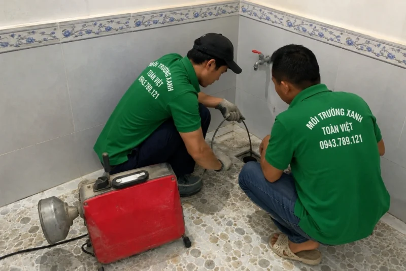 Hai nhân viên phối hợp thao tác cạnh máy đỏ và góc tường