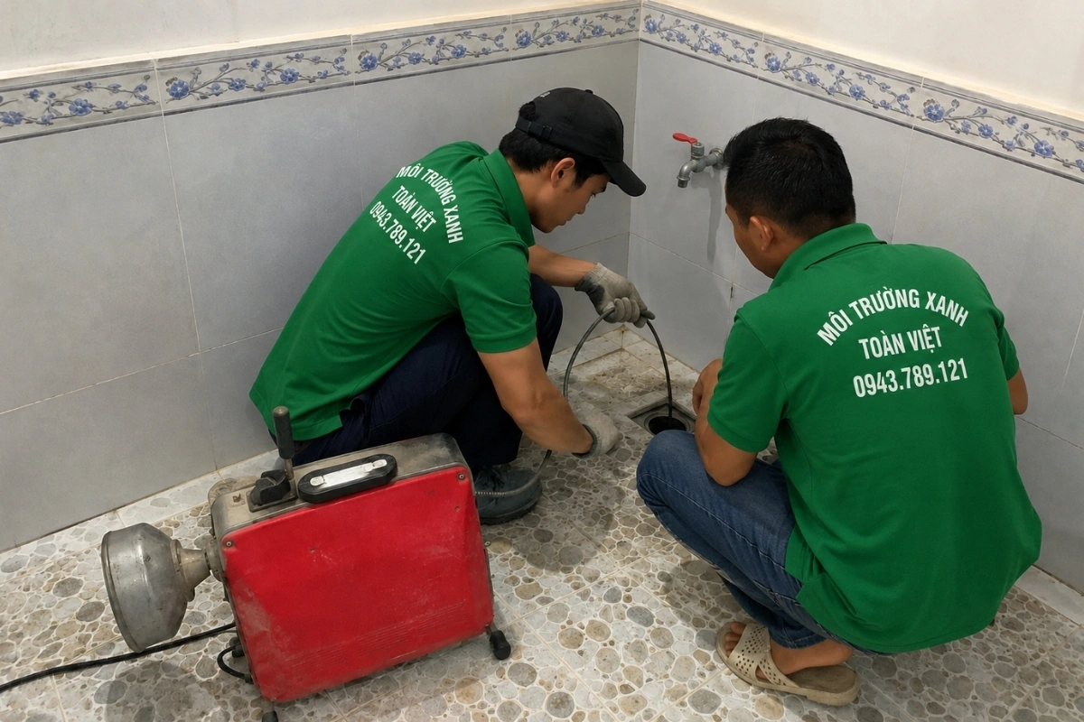 Nhân viên thông cống thoát sàn nhà vệ sinh