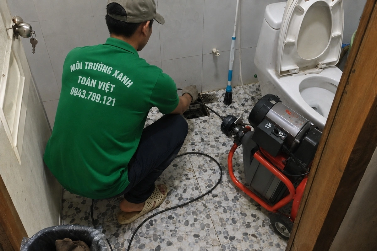 Kỹ thuật viên thông cống nhà vệ sinh bằng máy lò xo